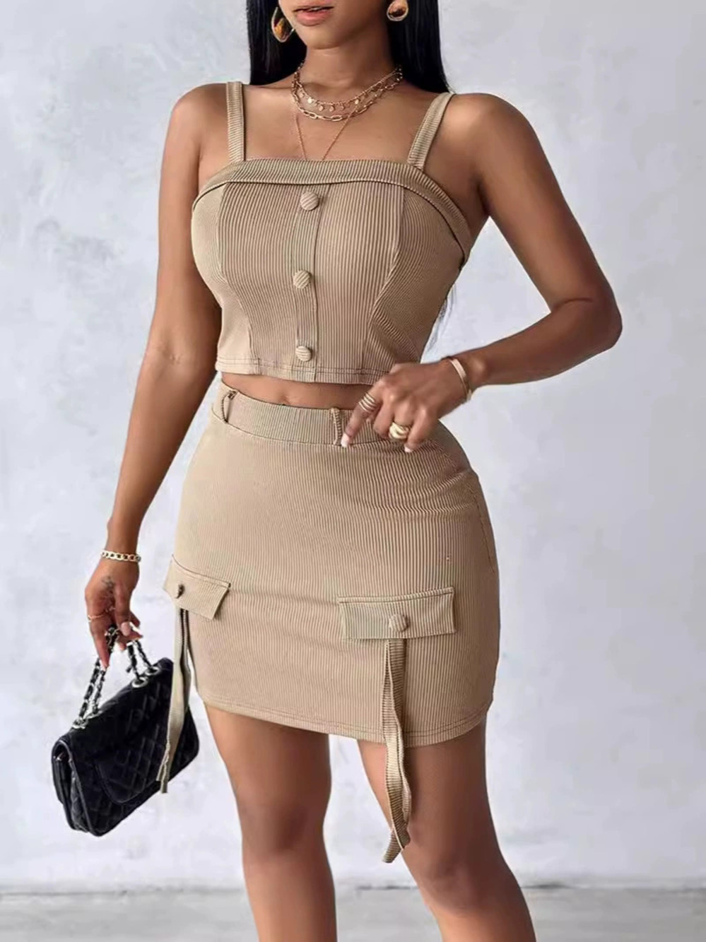ZARA Trendy Two Piece Set Square Neck Button Camisole Top and Flap Detail Skirt